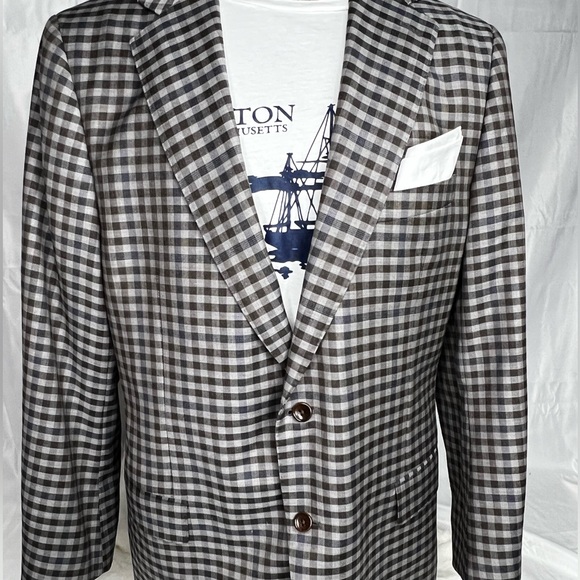 Vintage Georgetown Custom Dormeuil Blazer Mens Wool‎ 42R Taupe Brown navy check - Picture 1 of 16